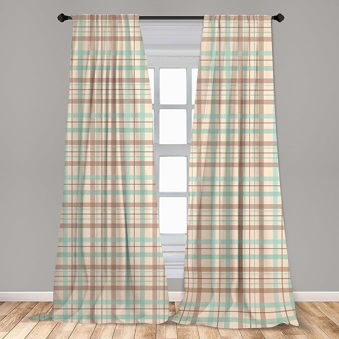 Ambesonne Plaid Window Curtains, Scottish Country Style Tartan with Abstract Design Diagonal Striped Lines, Lightweight Decor 2-Panel Set with Rod Pocket, Pair of - 28" x 84", Mint Green