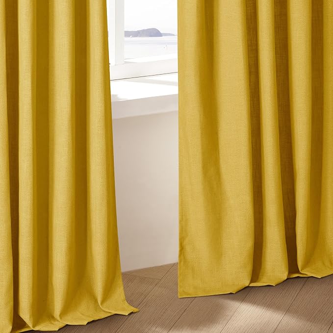 Mustard Yellow 90 Inch Thick Linen Curtains Pinch Pleated 2 Panels Set | - Image 8