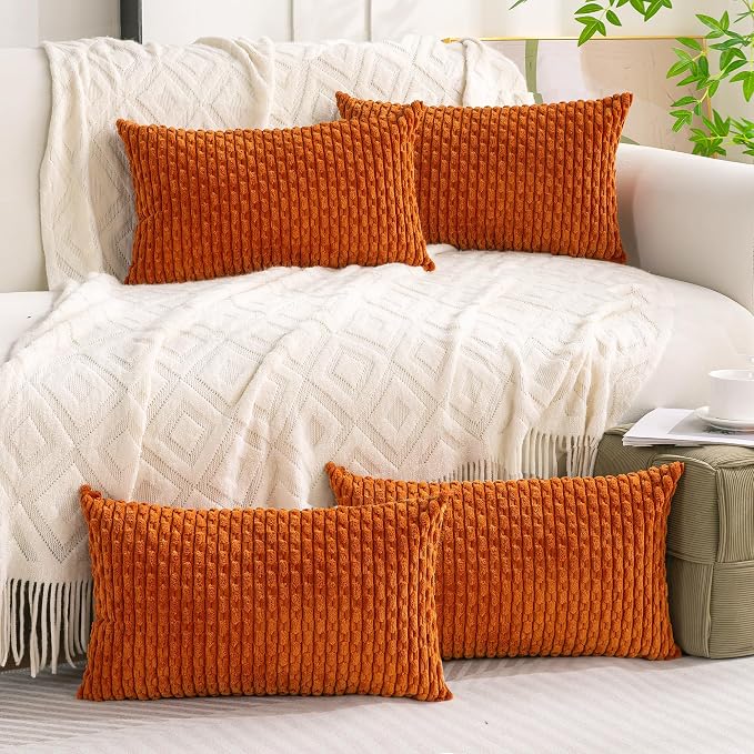 Set of 4 Burnt Orange Decorative Throw Pillow Covers 12x20 Inch Corduroy Pillow by Cozoomy