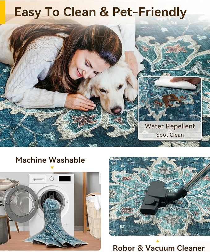 RELEANY Washable Area Rug, Teal | Non-Slip, Water Repellent, Pet Friendly - Image 7
