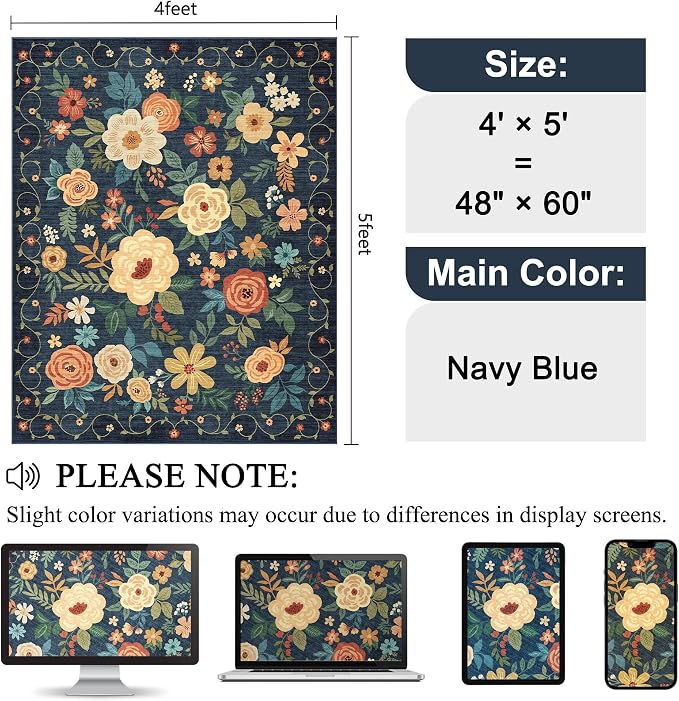 DUKINO 4x5 Area Rug for Entryway, Floral Washable Rug Non Slip, Lightweight - Image 2