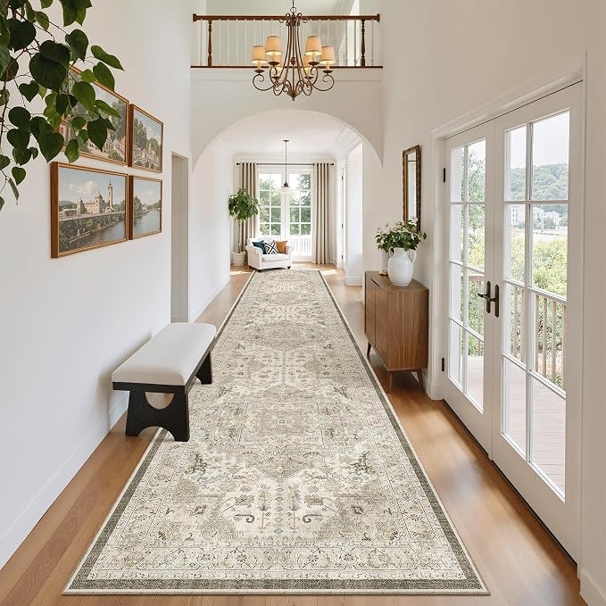 Madane Hallway Runner Rug 2'6''x16' Kitchen Runners Vintage, Ivory/Brown | Long - Image 3