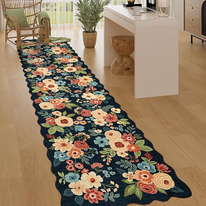 DUKINO 2.6x10 Runner Rug for Hallway, Washable Rug Non Slip, Low Pile, Floral by DUKINO