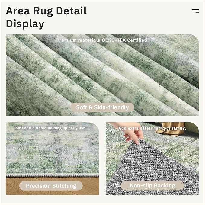 Soalmost Abstract Rug 8x12 Large Living Room Area Rugs Washable Green/Ivory | - Image 6