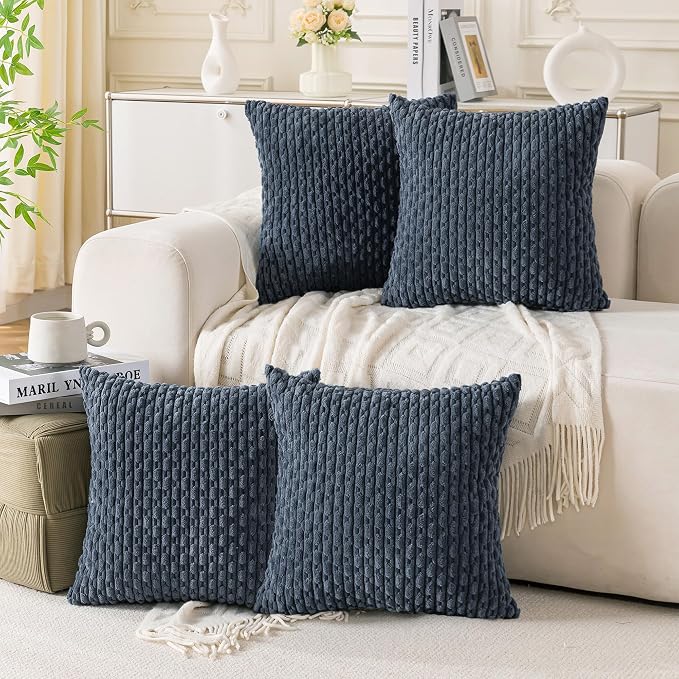 Set of 4 Grey Blue Decorative Throw Pillow Covers 18x18 Inch Corduroy Pillow by Cozoomy