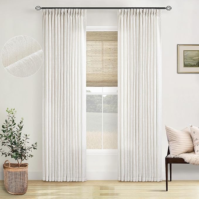 Natural Pinch Pleated Linen Curtains 96 Inches Long Living Room | Cream Ivory by Twodrapes