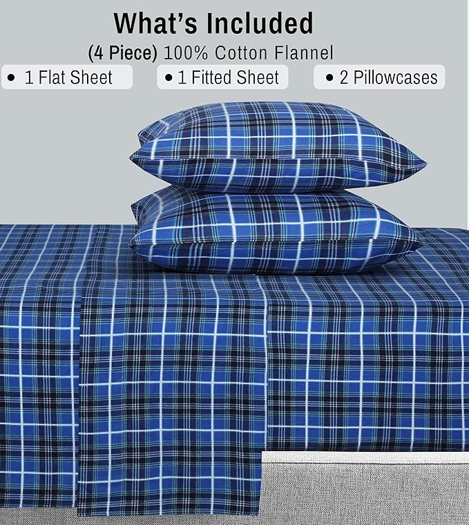 RUVANTI Flannel Sheets Queen Size - 100% Cotton Double Brushed Bed Sheets, Deep Pockets 16 Inches Queen Sheet Set, All Seasons Breathable & Extra Soft - Warm & Cozy, 4 Piece, Blue Plaid