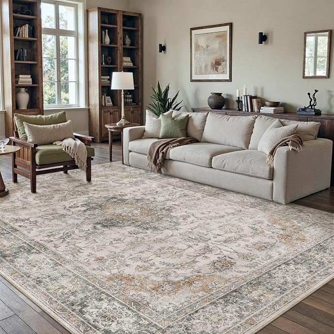 5x7 Taupe Green Retro Floral Washable Area Rug by HUGEAR
