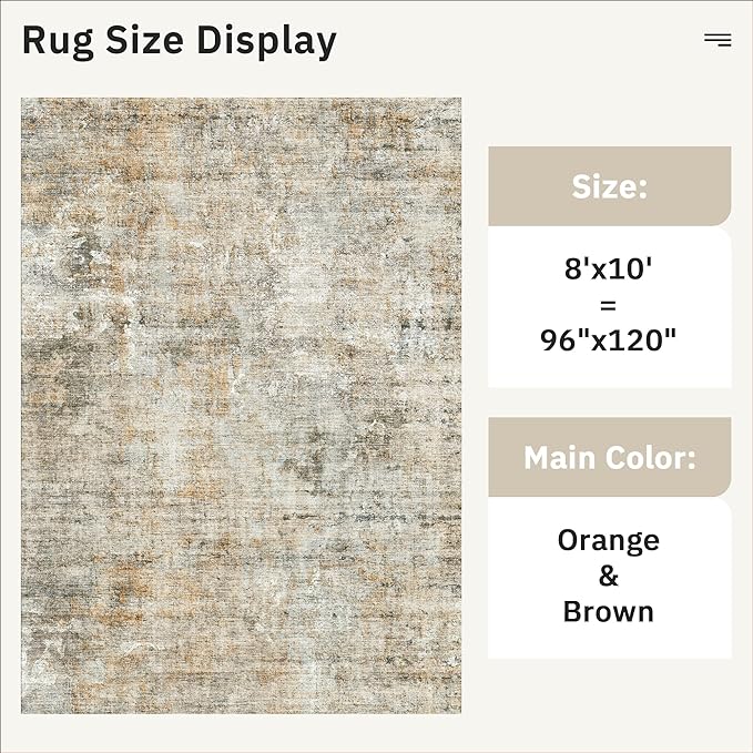 Soalmost Abstract Rug 8x10 Large Living Room Rugs Washable Orange/Brown | - Image 5