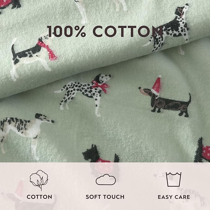 Laura Ashley - Flannel Sheets Queen Size, Anti-Pilling & Wrinkle Resistant Cotton, Touchably Soft for All-Season Comfort - Bed Sheets with Matching Pillowcases & Fitted Sheet (Holiday Pups Green)