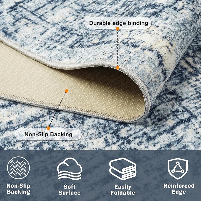 8x10 Washable Area Rug for Living Room Bedroom: Non-Slip Modern Blue Gold | - Image 4