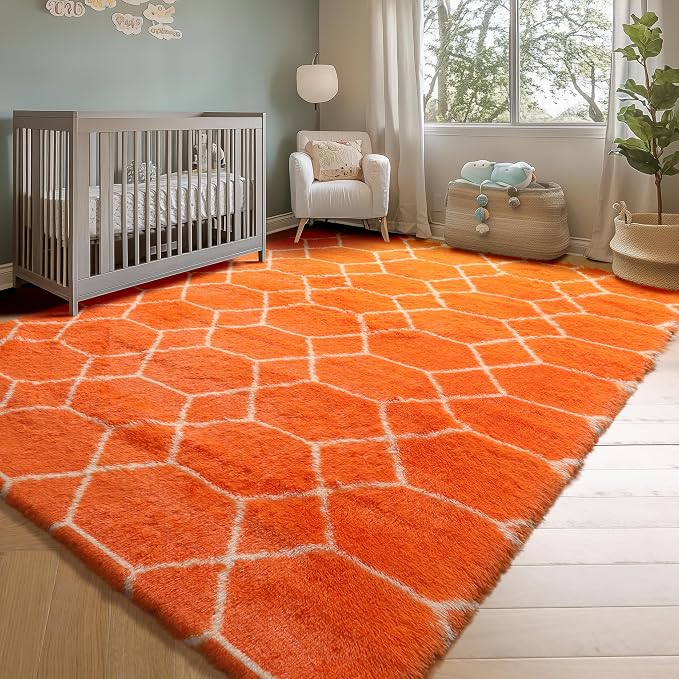 Area Rugs for Living Room, 5x8 Fluffy Orange and White Bedroom Trellis Rug | - Image 8