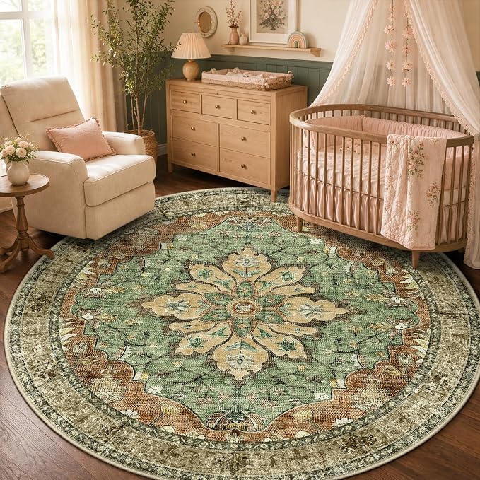 RELEANY Washable Area Rug, Round 5ft, Brick/Brown/Green | Non-Slip, Water by RELEANY