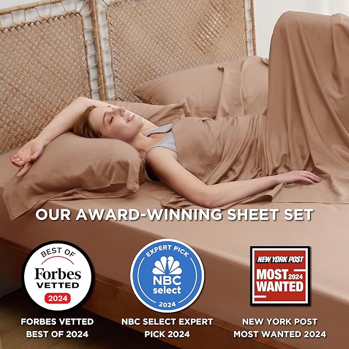 Bedsure Queen Sheet Set, Rayon Derived from Bamboo, Cooling Sheets, Breathable & Soft, Deep Pocket Up to 16 Inches, Hotel Luxury Silky Bedding for Hot Sleepers, Khaki