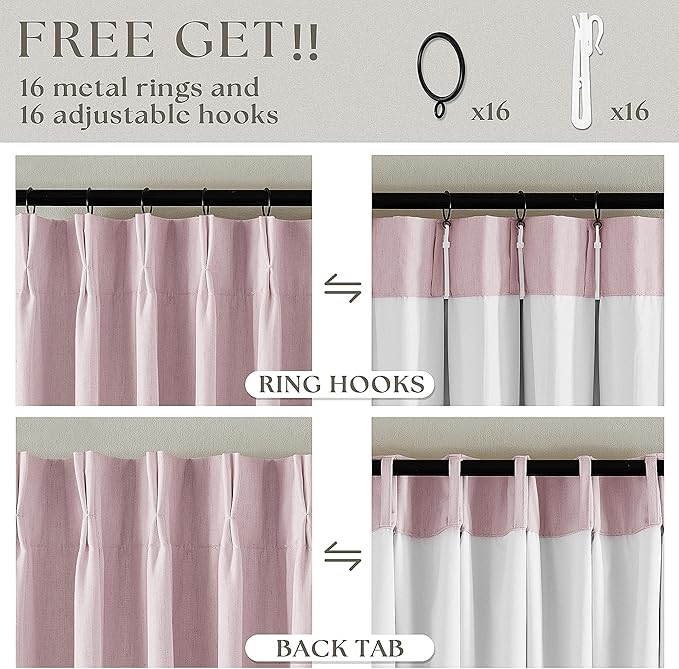 Light Pink 63 Inch Length Blackout Pinch Pleated Linen Curtains - Image 6