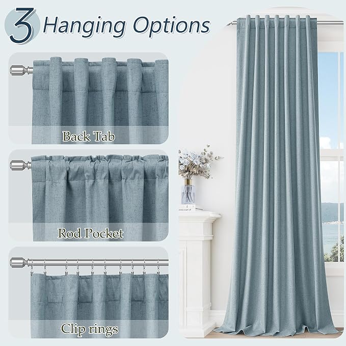 Blue 100% Blackout Linen Curtains 102 Inch Length 2 Panels Set - Image 5