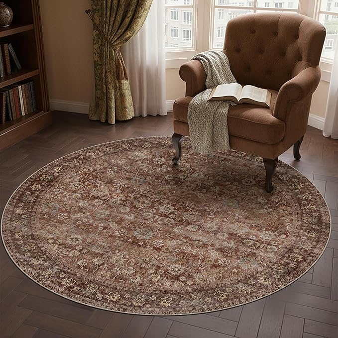 4ft Round Brick Red Vintage Floral Washable Rug - Image 3