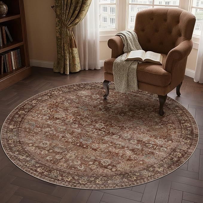 5ft Round Brick Red Vintage Floral Washable Rug - Image 3