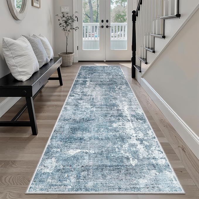 Soalmost Runner Rug 2'6"x8' Kitchen Hallway Runners Abstract Blue/Grey | - Image 2