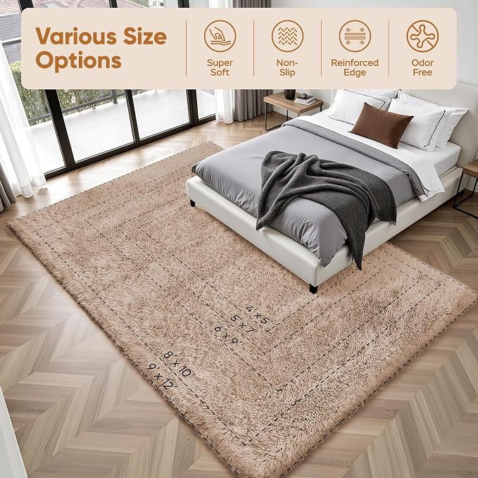 PLHXFR 5x7 Area Rugs Living Room: Fluffy Bedroom Rug Shag Carpet Camel | - Image 9