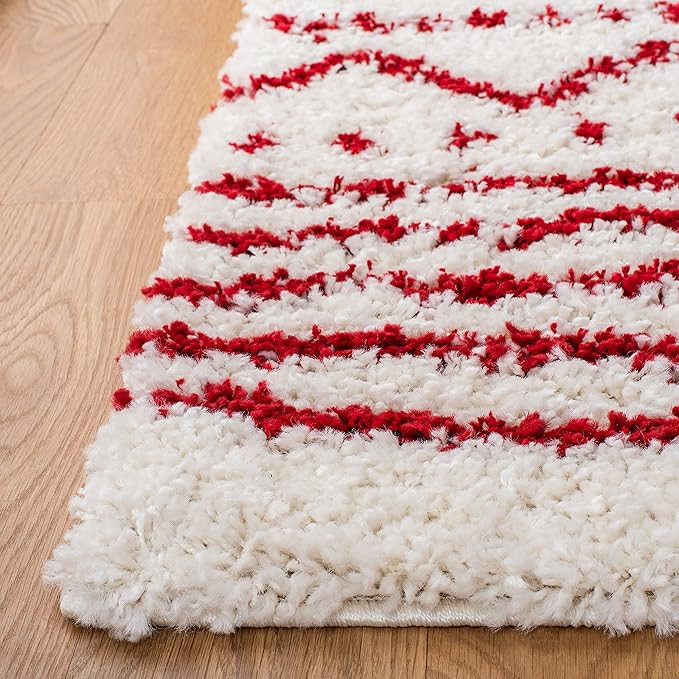SAFAVIEH Area Rug 8x10 - Arizona Shag Collection - Large - Ivory & Red, Moroccan Design, Non-Shedding & Easy Cleaning, Ultra Plush Thick Pile, Ideal for Living Room, Bedroom, Dining Space (ASG741P)