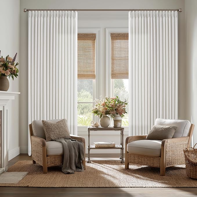 Pleated Semi Sheer Light Filtering Linen Beige Curtains 108 Inches Long | White by Twodrapes