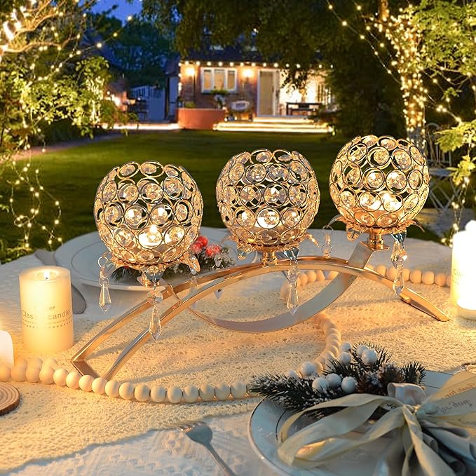 Set of 3 Gold Crystal Tea Light Candlestick Holders Flower Shape with Crystal Pendant Bowl Votive Metal Candle Holder for Table Centerpieces Wedding Home Decor (Gold, 3 arm)