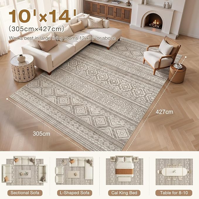 cotiled Boho 10x14 Area Rug for Living Room: Large Moroccan Washable Rug | - Image 7
