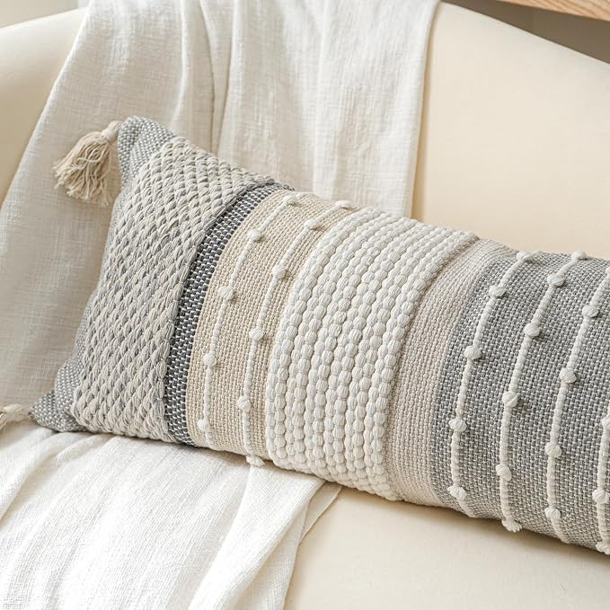 Gray Boho Lumbar Throw Pillow Cover 14x36 Grey Accent Long Body Lumbar Pillow - Image 3