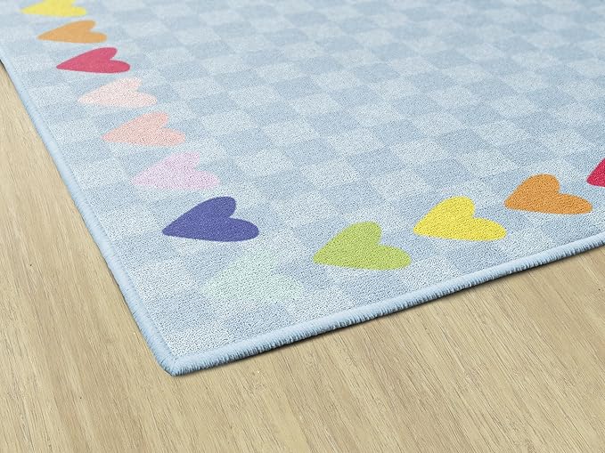 Flagship Carpets Schoolgirl Style Blue with Rainbow Hearts Border Educational Area Rug for Kids Room Seating Décor, Children's Classroom, Play Carpet for Teaching and Playroom, 5' x 7'6", Blue