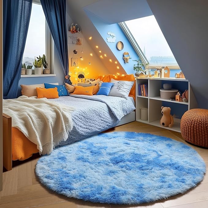 Tie-Dye Blue Round Rug 4ft, Fluffy Soft Circle Area Rugs by ONASAR