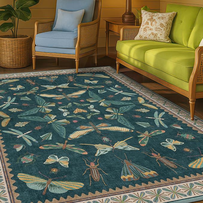 Insect Teal Green 5x7 Area Rug for Living Room by HazoHaus