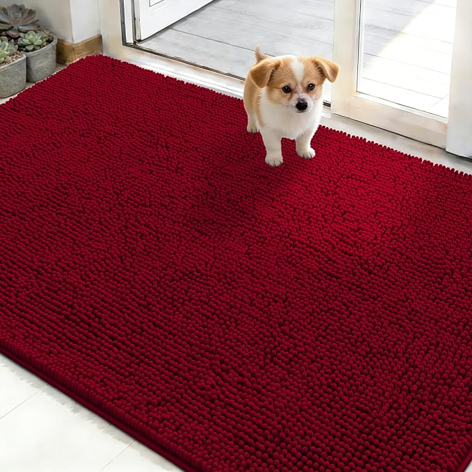 OLANLY Dog Door Mat for Muddy Paws 50x30, Super Absorbent Chenille Mud Mat | Red by OLANLY