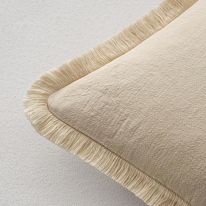 MIULEE Boho Linen Fringe Decorative Lumbar Throw Pillow Covers Beige 12x20 | - Image 3