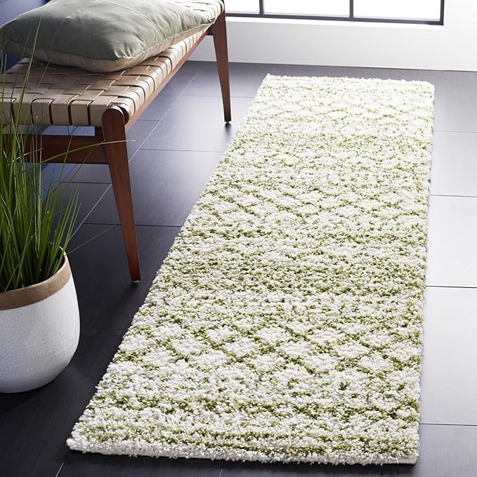 SAFAVIEH Arizona Shag Collection Area Rug - 2'6" x 14' Runner, Ivory & Green, Non-Shedding & Easy Cleaning, Plush Thick Pile, Ideal for Living Room, Bedroom, Dining Space (ASG741Y)