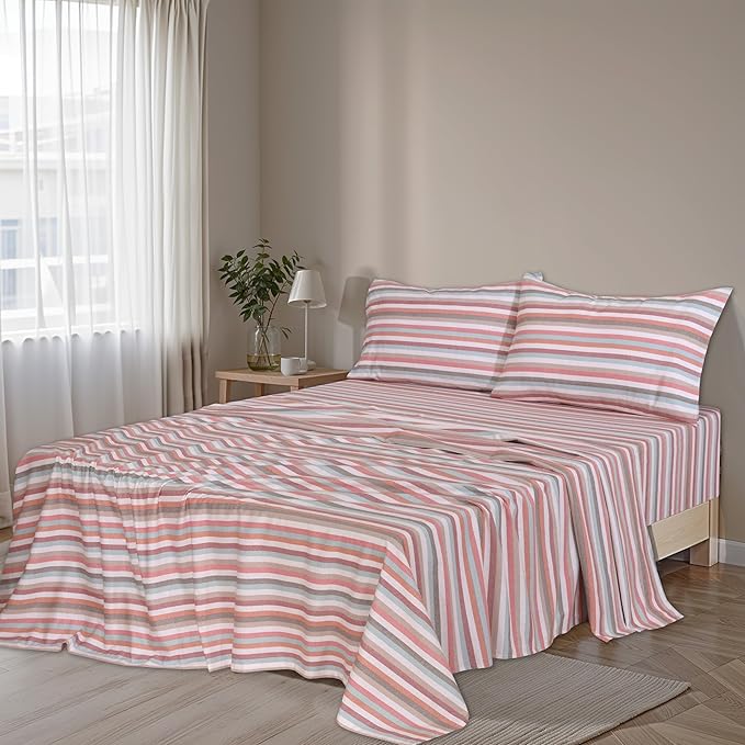 RUVANTI Flannel Sheets King Size - 100% Cotton Brushed King Size Sheets Set - Deep Pockets 16 Inches Bed Sheets - All Seasons Breathable & Extra Soft - Warm & Cozy, 4 Piece, Multi Chevron Stripe