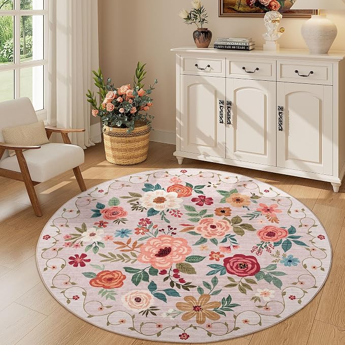 DUKINO 5ft Round Rug, Non Slip Floral Washable Small Circle Rug, Low Pile - Image 4
