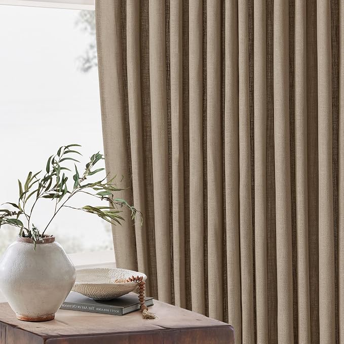 98 Inch Tan Brown Pinch Pleat Memory Trained Light Filter Linen Curtains | Semi - Image 9