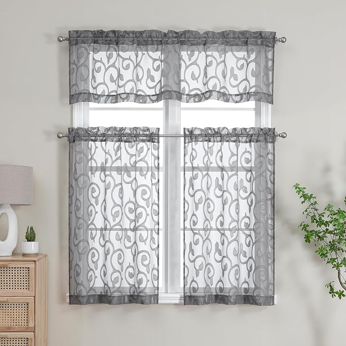Furman Sheer Curtains Tiers 36 inch Length, Lightweight Soft Airy Solid Grey - Image 7