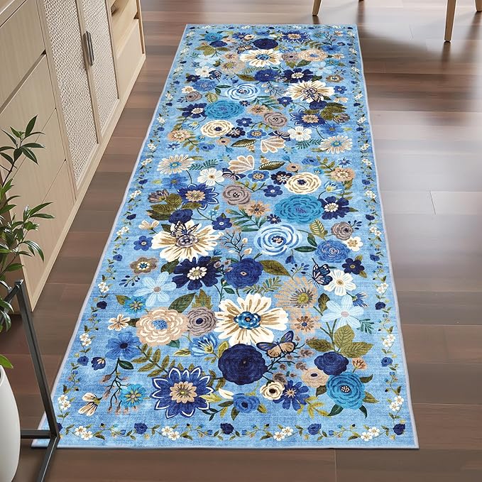 Blue Floral Hallway Runner Rug 2x6 by WelcometoBabovid