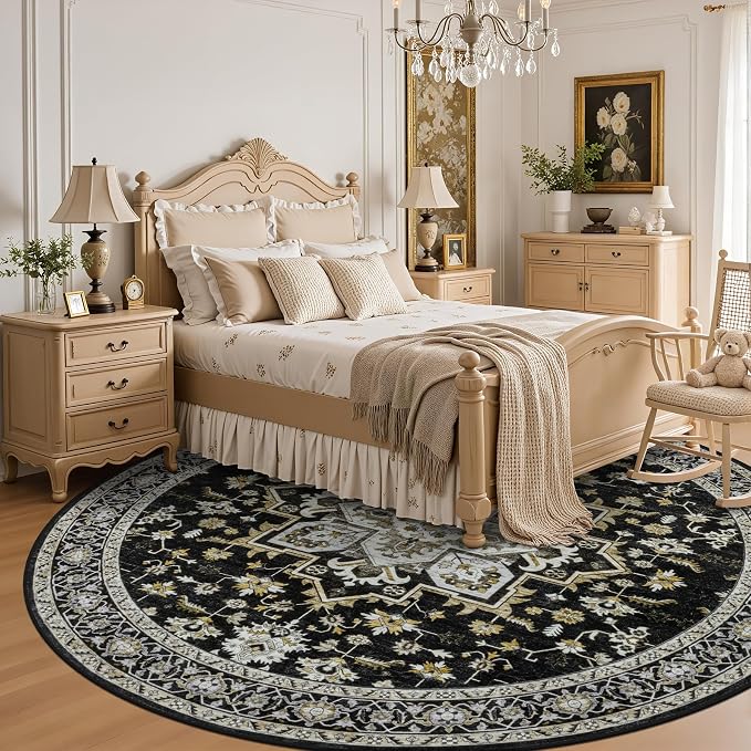 Round Area Rug for Living Room: 4ft Boho Washable Rug Black Gold | Vintage Boho - Image 4