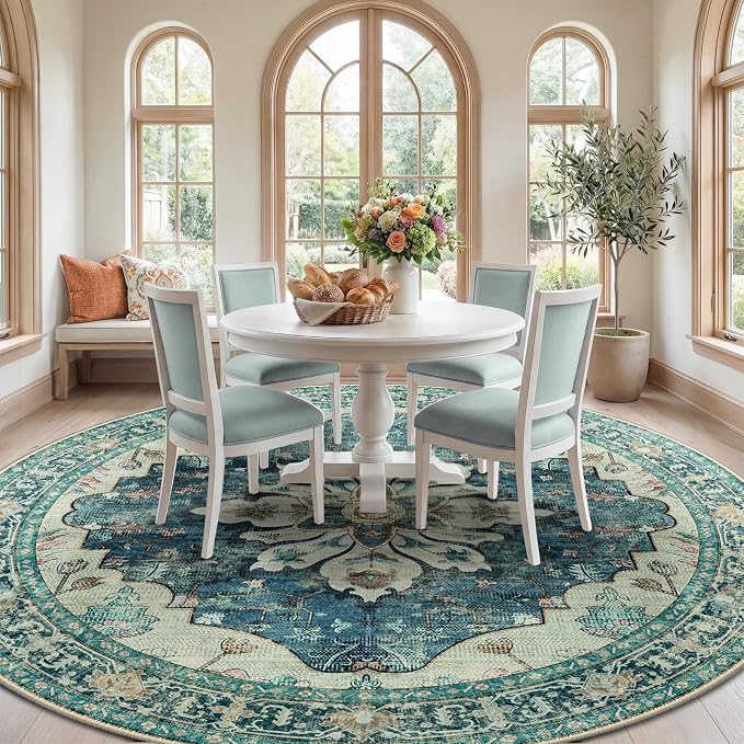 RELEANY Washable Area Rug, Round 8ft, Water Repellent, Pet Friendly, Vintage - Image 2
