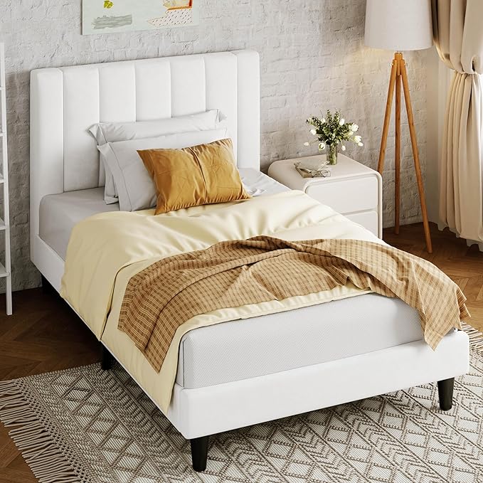Allewie Twin Bed Frame/Velvet Upholstered Bed Frame with Vertical Channel Tufted Headboard/Strong Wooden Slats/Platform Bed Frame/Mattress Foundation/Box Spring Optional/Easy Assembly/White