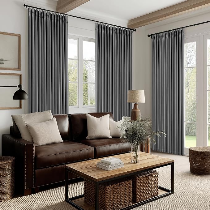 Charcoal Grey Pleated Thick Linen Blackout Curtains 120 Inches Long - Image 7