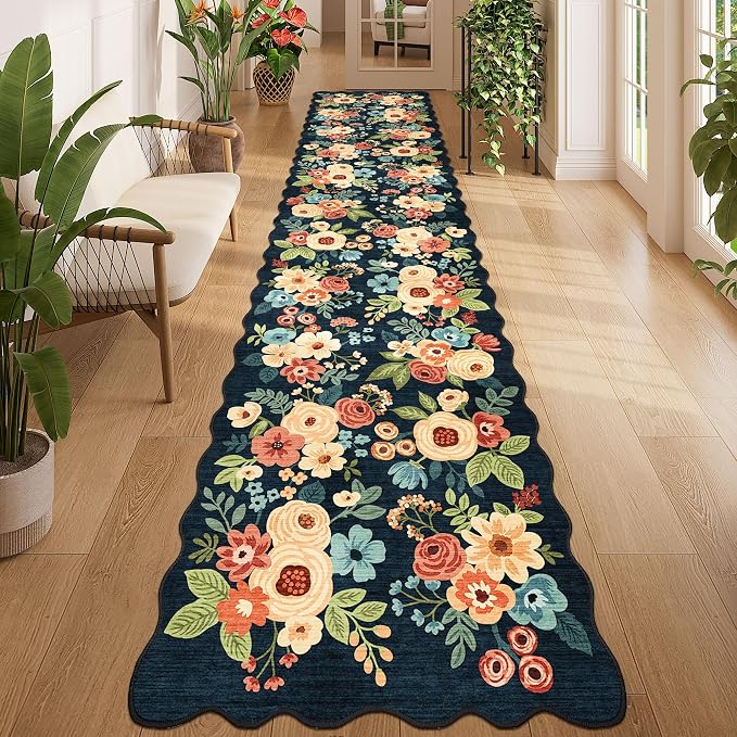 DUKINO 2.6x12 Washable Runner Rug, Floral Non Slip Kitchen Rug, Stain Resistant by DUKINO