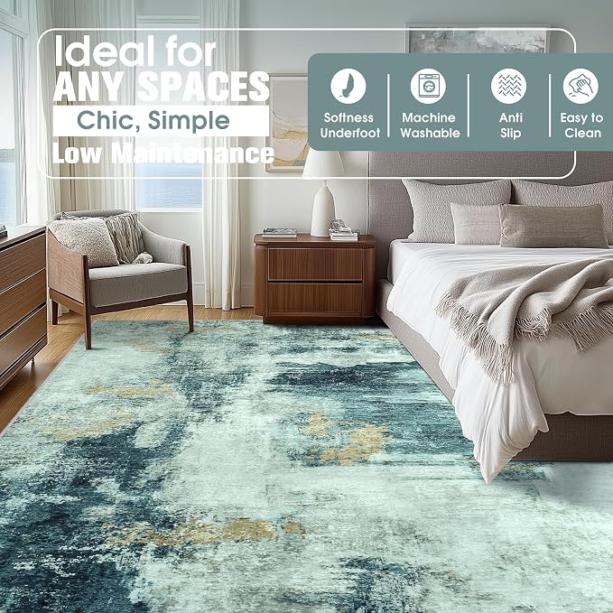 9x12 Area Rugs for Living Room Washable Bedroom Dining Room Teal Grey Gold | - Image 8