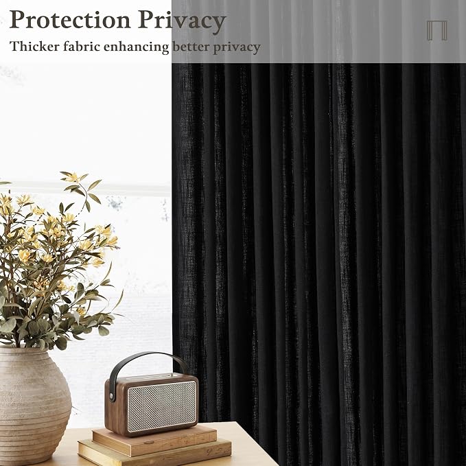 Linen Pleated Light Filtering Black Memory Shaped Curtains 108 Inches Long | - Image 6