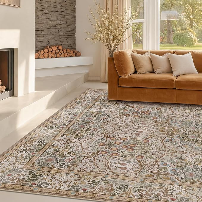 Vintage Moss Green Living Room Rug, 7x10 Washable Large Area Rugs - Image 8