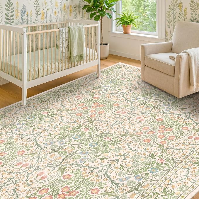 Washable Beige Green 5x8 Area Rug - Image 4