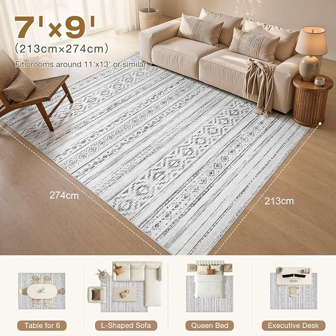 cotiled Boho 7x9 Area Rug for Living Room: Large Moroccan Washable Rug | Solve - Image 9